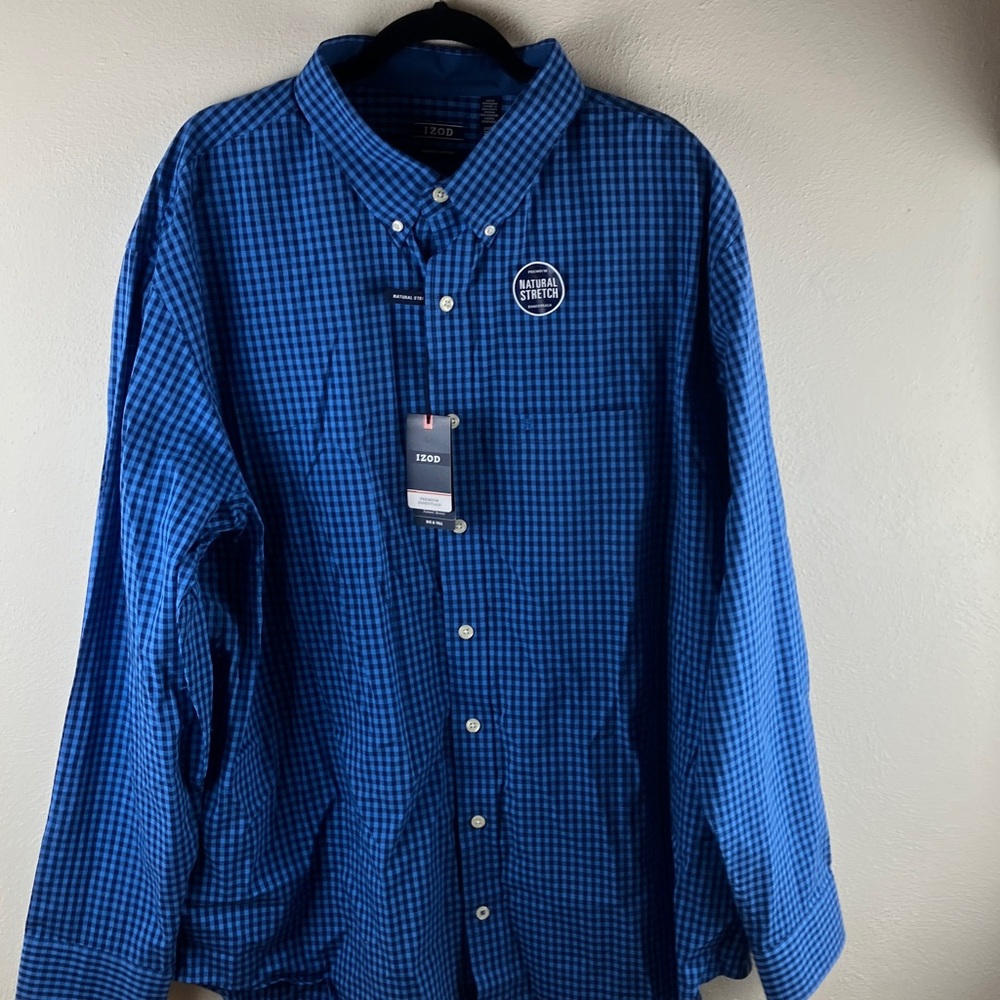 IZOD Premium Essentials Blue Check Plaid Button-Down Shirt 2XL Big & Tall